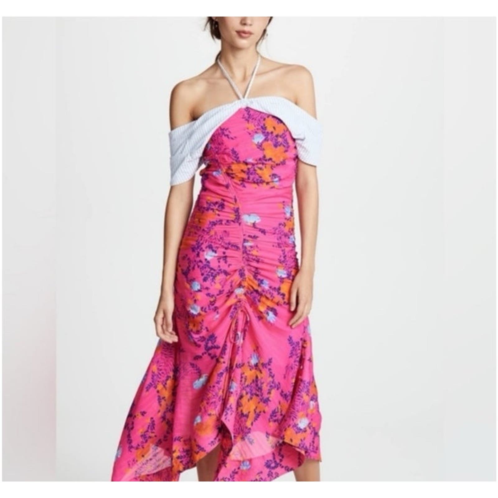 Tanya Taylor Virginia Ruched Silk Off The Shoulder Dress Midi